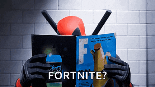 a deadpool holding a book that says fortnite on it