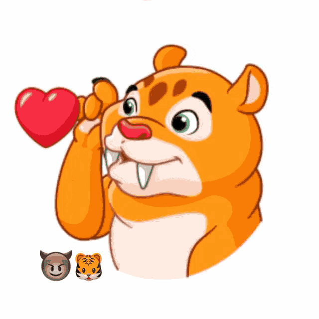 a cartoon tiger is holding a red heart in its paws