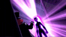 a cartoon character is standing next to a purple alien in a dark room .