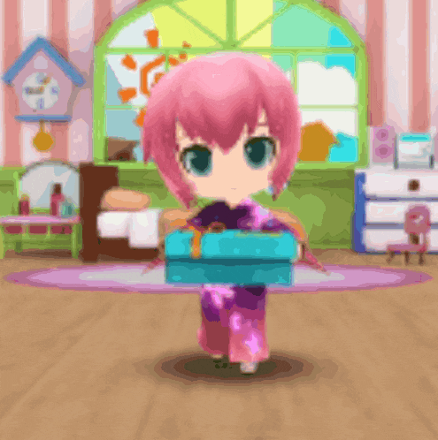 a girl with pink hair is holding a blue box in a room