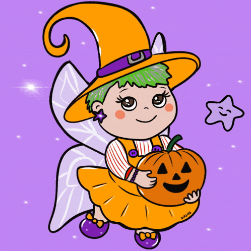a little girl dressed as a witch holding a pumpkin