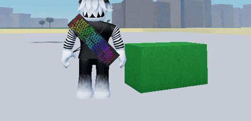 a cartoon character is standing next to a green box and holding a keyboard
