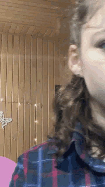 a woman in a plaid shirt is standing in front of a wooden wall with a butterfly on it