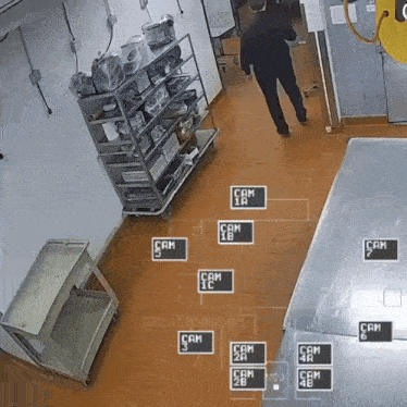 a man is walking through a room with a bunch of cam labels on the floor