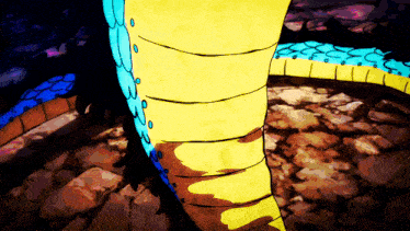 a colorful drawing of a snake 's tail with blue and yellow markings