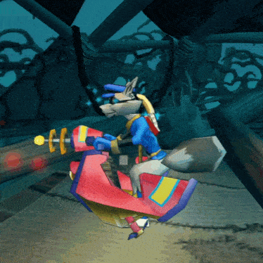a cartoon of a fox riding a red and yellow vehicle