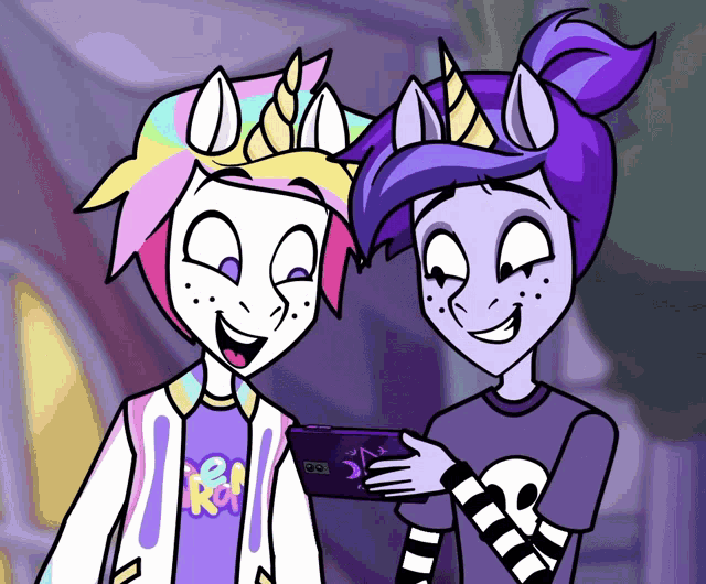 two cartoon characters are looking at a cell phone and one is wearing a shirt that says ' eea ' on it