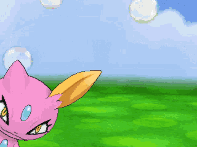 a pink cartoon character with a yellow ear is standing in a grassy field