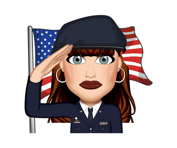 a cartoon of a woman in a military uniform with an american flag behind her