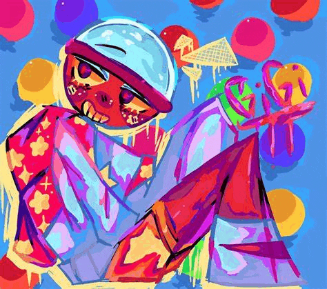 a colorful drawing of a person with balloons and ice cream cones in the background .