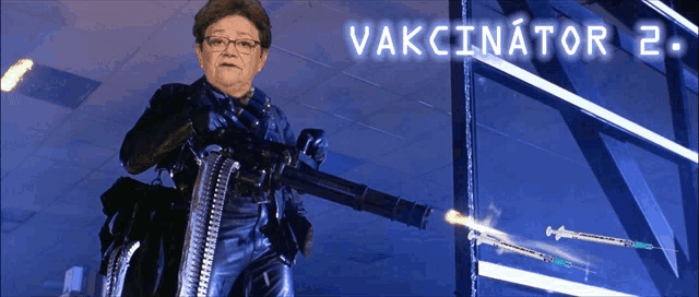 a woman holding a gun with the words vaccinator 2 written above her