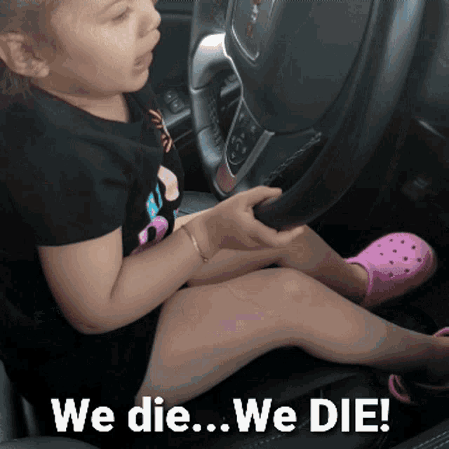 a little girl is sitting in the driver 's seat of a car with the words " we die we die " below her