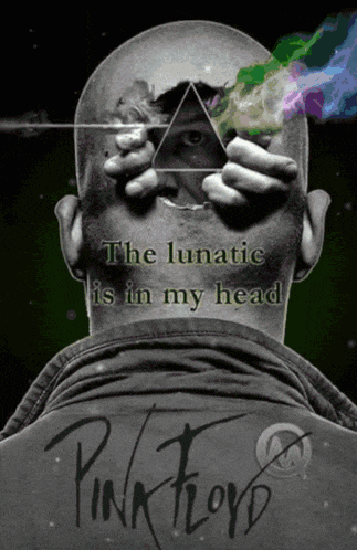 a poster for pink floyd with a man holding a triangle in his hand