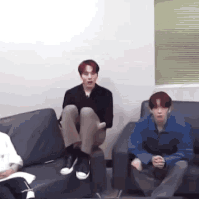 a group of people are sitting on couches in a room .
