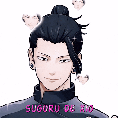 a drawing of a man with a bun and the name suguru de xio