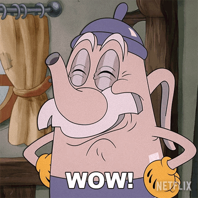 a cartoon character with a purple hat and a mustache says wow