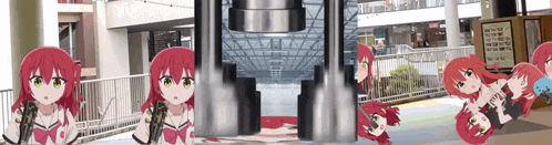 a girl with red hair is standing in front of a large machine