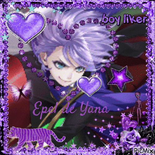 a boy with purple hair is surrounded by purple hearts and a tiger