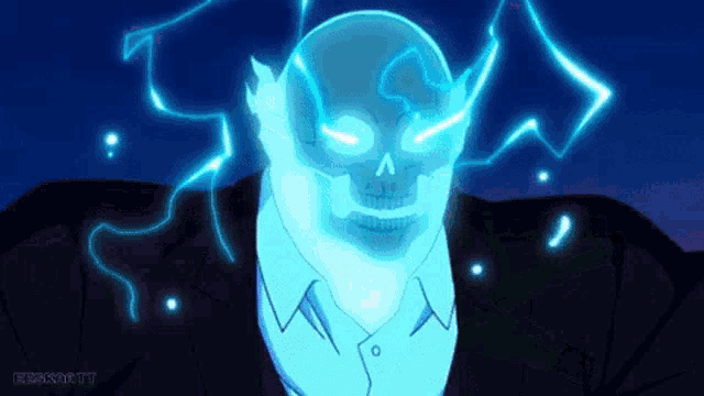 a cartoon of a man with a blue skull on his head .
