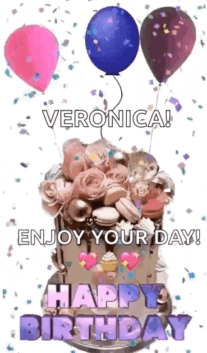a birthday cake with balloons and confetti and the words `` happy birthday veronica ! enjoy your day ! ''