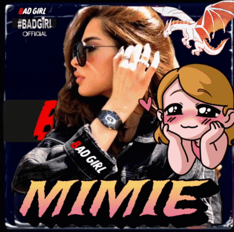 a poster for bad girl mimie shows a woman wearing sunglasses and a watch