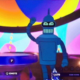 bender from futurama is dancing in a video game with a score of 1,479