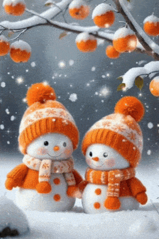 two snowmen wearing orange hats and scarves are in the snow