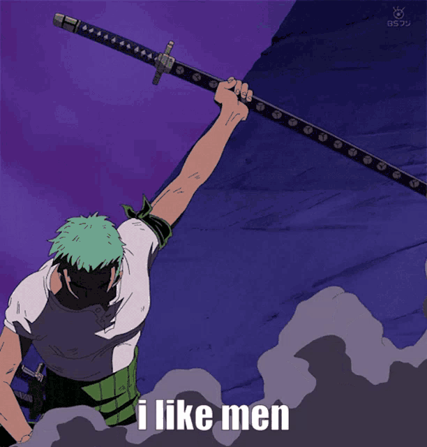 a cartoon of a man holding a sword and the words i like men below him