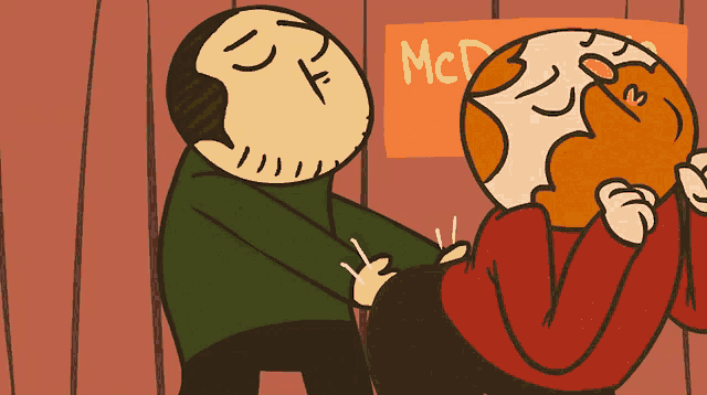 a cartoon of two men standing in front of a mcdonalds sign