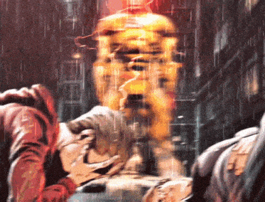 a painting of a man standing in the rain with a statue in the background