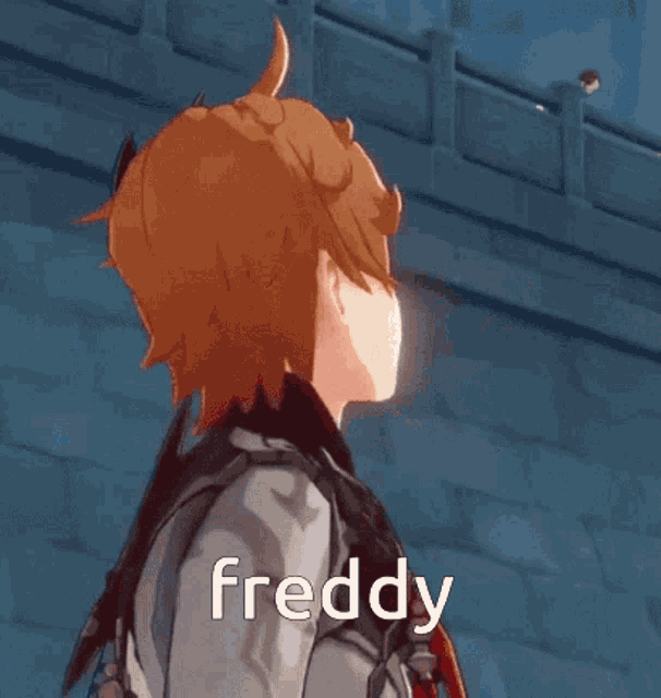 a cartoon character with the name freddy on his chest