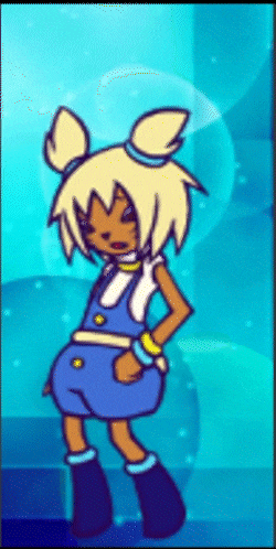 a cartoon of a girl with blonde hair and blue shorts