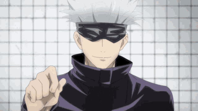 a man with white hair and a mask on his eyes is pointing at something