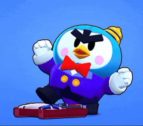 a penguin with a bow tie is standing next to a briefcase on a blue background