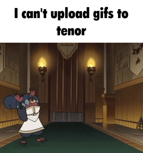 a cartoon character is standing in a hallway with the words i can 't upload gifs to tenor