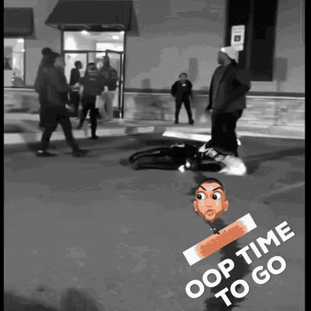 a black and white photo of a man laying on the ground with a caption that says " oops time to go "