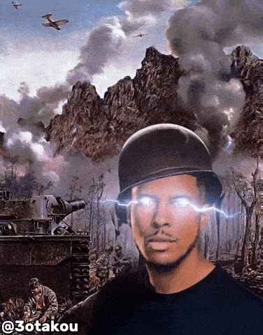 a painting of a man wearing a helmet with lightning coming from his eyes