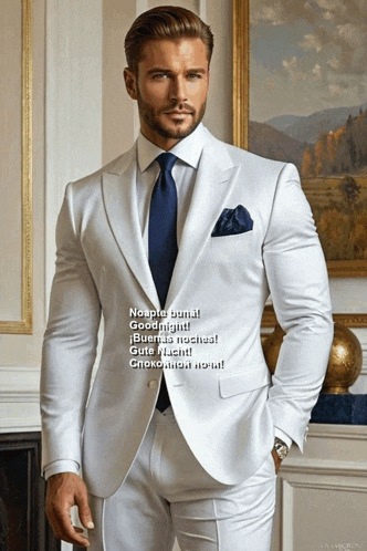 a man in a white suit with a blue tie stands in front of a painting