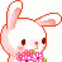 a pixel art of a rabbit holding a bouquet of pink flowers