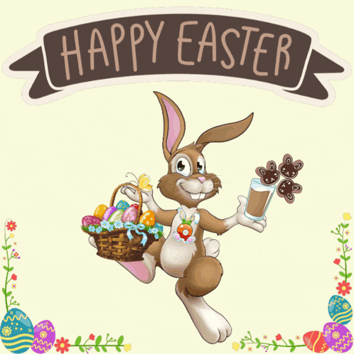 a happy easter greeting card with a bunny holding a glass of milk