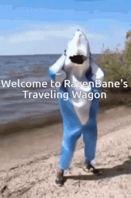a person in a shark costume standing on a beach with the words welcome to ravenbane 's traveling wagon