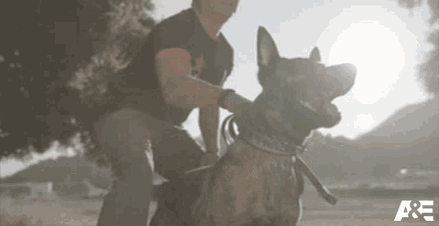 a man is kneeling down next to a dog with a a & e logo in the background