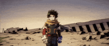 a cartoon character with a scarf around his neck stands in a desert