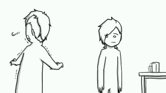 a black and white drawing of a person standing next to another person with the word girrr written on the bottom