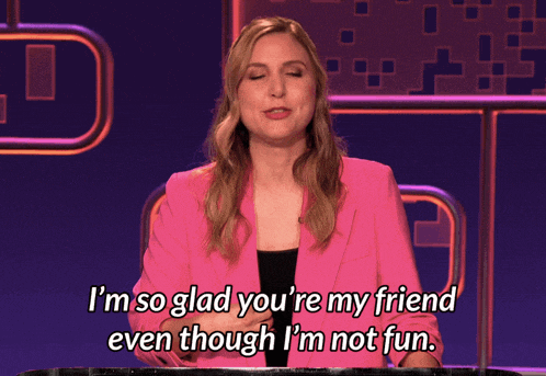 a woman in a pink jacket says i 'm so glad you 're my friend