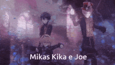 a group of anime characters are dancing in a dark room and the words mikas kika e joe are on the bottom