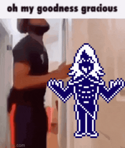 a man is standing next to a pixel art of a man with a beard .