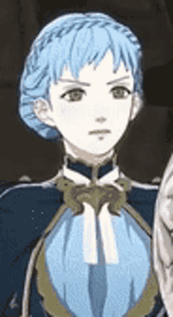 a woman with blue hair and a bow tie is standing next to a man in a video game .