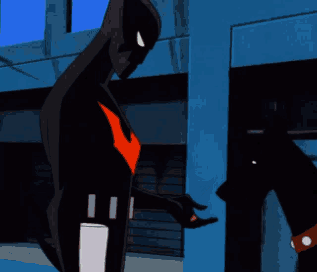 a cartoon character with a red arrow on his chest is standing in front of a building
