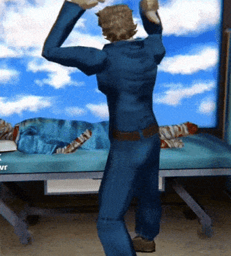 a man in a blue suit is standing in front of a screen that says ' vr '